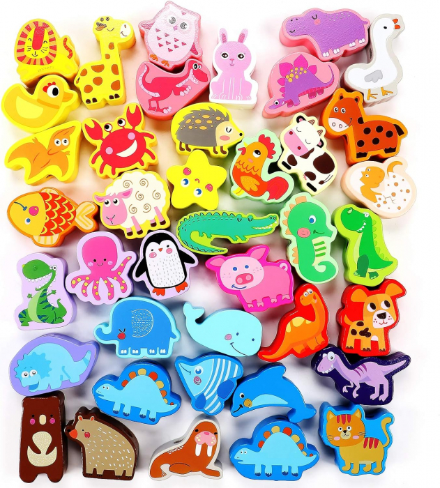 Joc de insiruit din lemn in cutie de plastic tip gentuta- 42 de piese animale, dinozauri si pasari [6]
