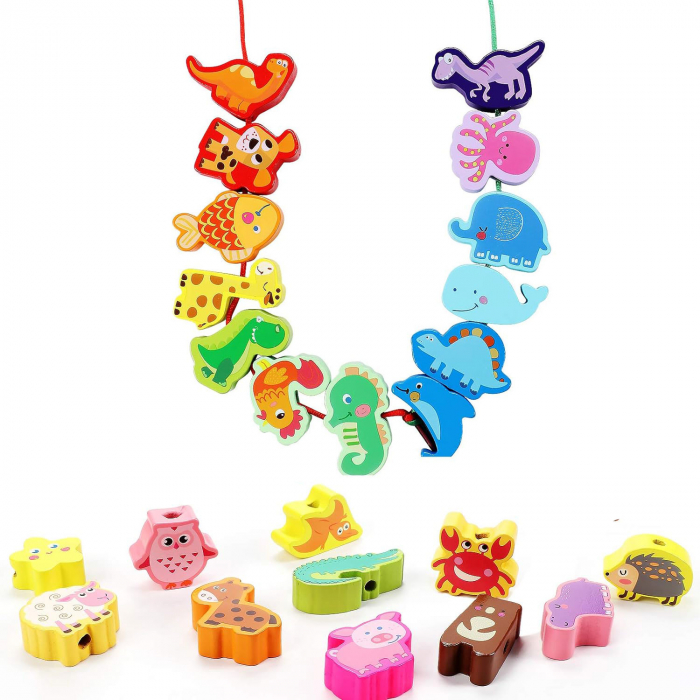 Joc de insiruit din lemn in cutie de plastic tip gentuta- 42 de piese animale, dinozauri si pasari [2]