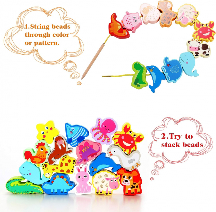 Joc de insiruit din lemn in cutie de plastic tip gentuta- 42 de piese animale, dinozauri si pasari [3]