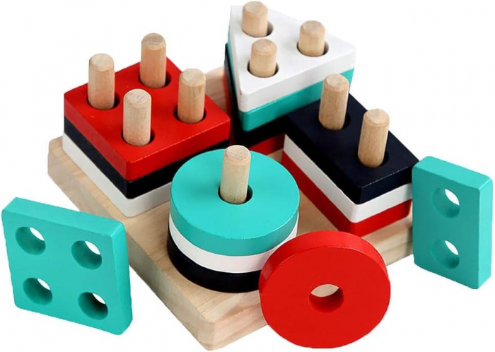 Joc de tip Montessori - Sortator cu 4 forme geometrice culoare albastru si rosu [3]