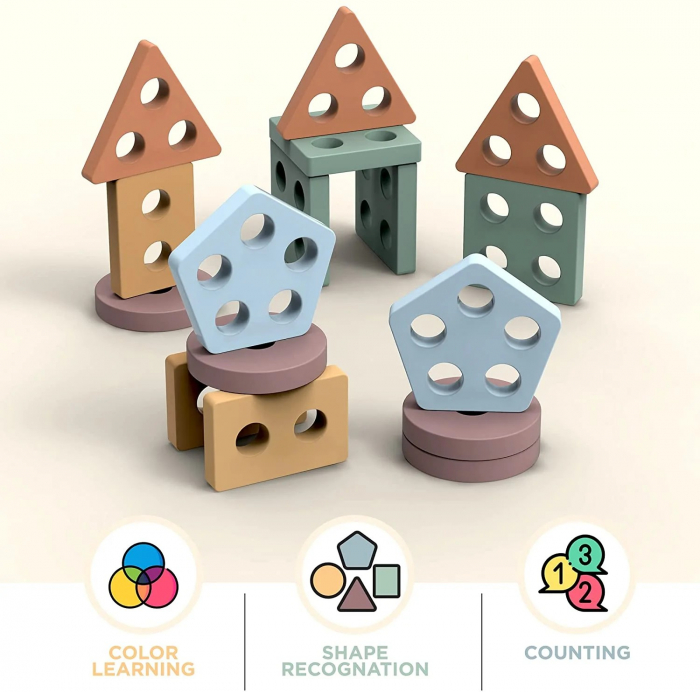 Joc de tip Montessori - Sortator cu 5 forme geometrice Geometric Stacker [4]