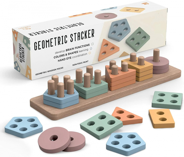 Joc de tip Montessori - Sortator cu 5 forme geometrice Geometric Stacker [5]