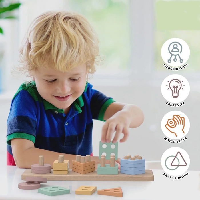 Joc de tip Montessori - Sortator cu 5 forme geometrice Geometric Stacker [3]