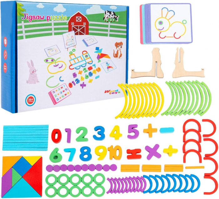 Joc din lemn 3 in 1 creaza forme, tangram si calcule matematice [1]