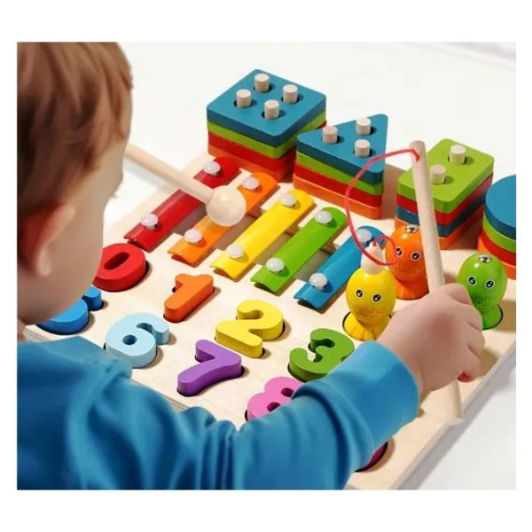 Joc din lemn 4 in 1 puzzle numere, pescuit magnetic, joc de stivuit si xilofon [2]