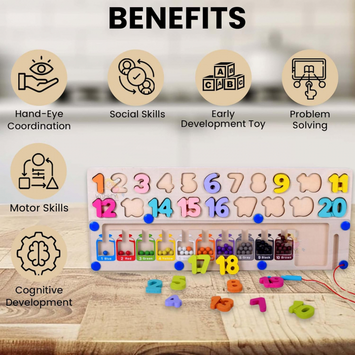 Joc din lemn de tip Montessori 2 in 1 puzzle numere si labirint magnetic sortare culori [7]