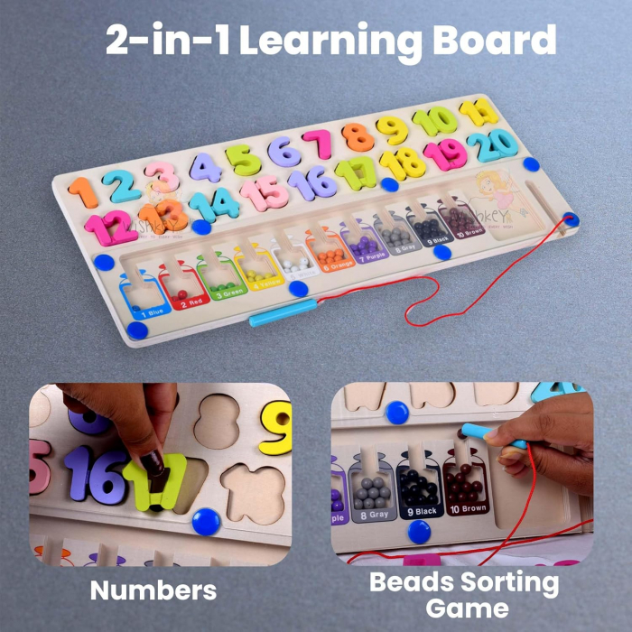 Joc din lemn de tip Montessori 2 in 1 puzzle numere si labirint magnetic sortare culori [5]