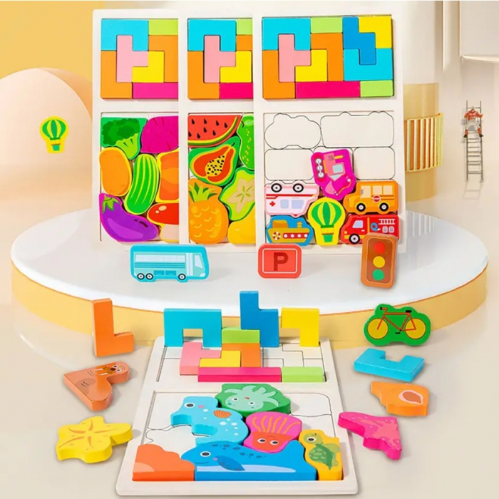 Joc din lemn de tip tetris 2 in 1 Vehicule [4]