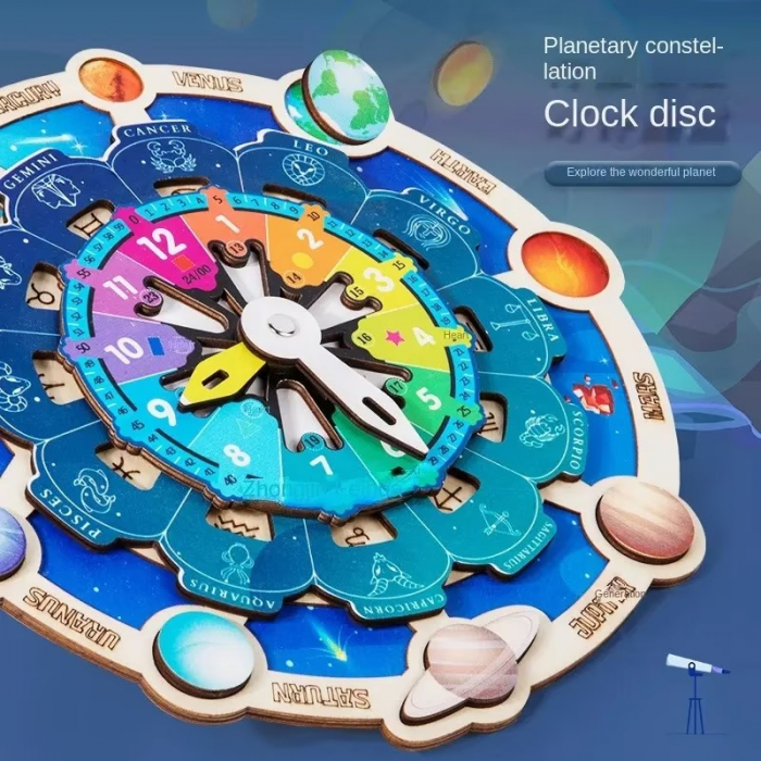 Joc din lemn Montessori invata ceasul, planetele si zodiacul. [5]