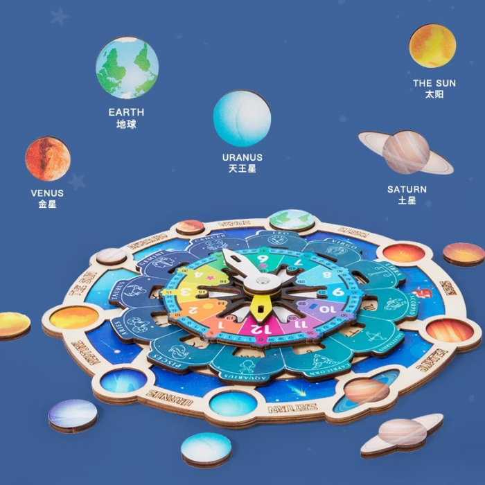 Joc din lemn Montessori invata ceasul, planetele si zodiacul. [2]