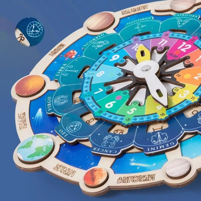 Joc din lemn Montessori invata ceasul, planetele si zodiacul. [3]