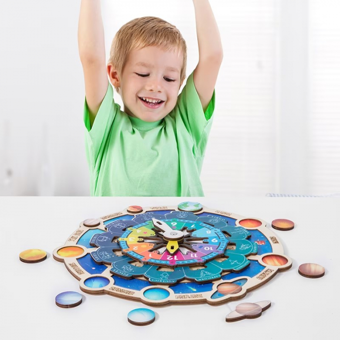 Joc din lemn Montessori invata ceasul, planetele si zodiacul. [4]