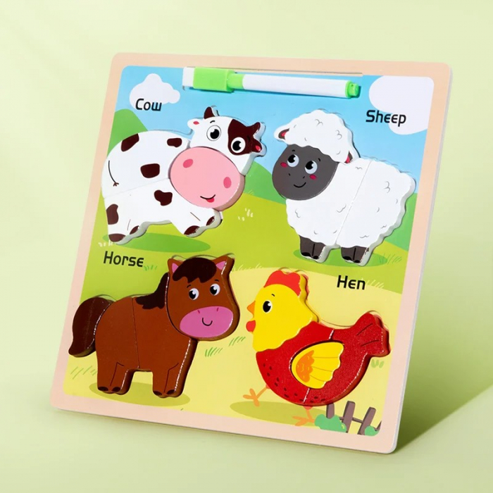 Joc din lemn puzzle tematic 3D si tablita de scris cu marker lavabil [2]