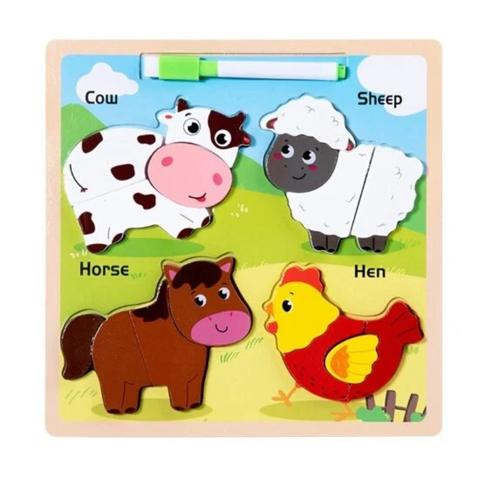 Joc din lemn puzzle tematic 3D si tablita de scris cu marker lavabil [1]