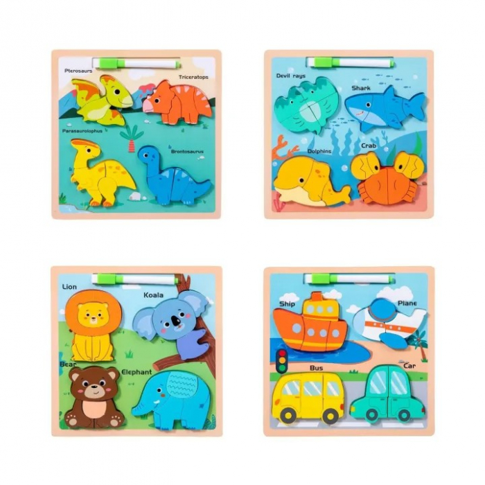 Joc din lemn puzzle tematic 3D si tablita de scris cu marker lavabil [3]