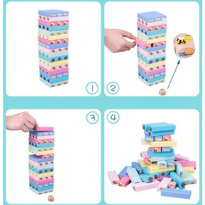 Joc Jenga din lemn cu animalute 51 de piese Stack High Blocks [2]