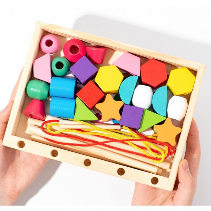 Joc Montessori de stivuit si insiruit forme geometrice Five sets of column beaded boxes [3]