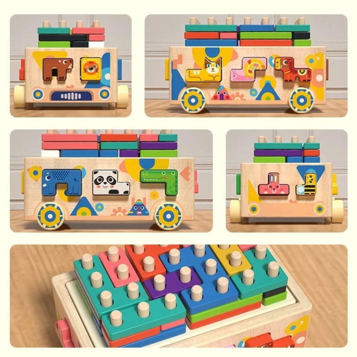 Joc Montessori din lemn de motricitate si asociere Remorca cu activitati Animal Geometry Car [4]