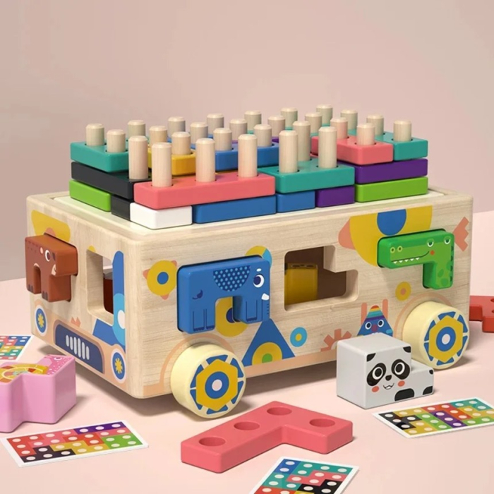 Joc Montessori din lemn de motricitate si asociere Remorca cu activitati Animal Geometry Car [3]