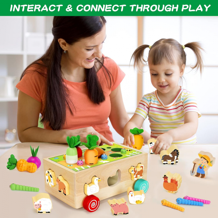 Joc Montessori din lemn de motricitate si indemanare Remorca cu activitati Farm harvest game [5]