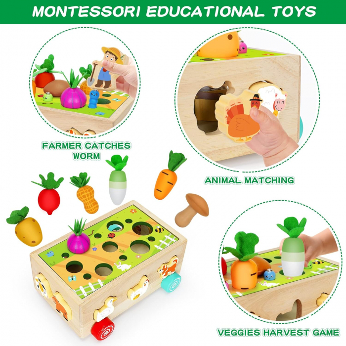 Joc Montessori din lemn de motricitate si indemanare Remorca cu activitati Farm harvest game [6]