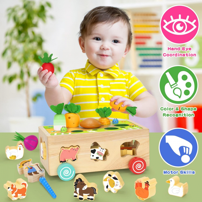 Joc Montessori din lemn de motricitate si indemanare Remorca cu activitati Farm harvest game [2]