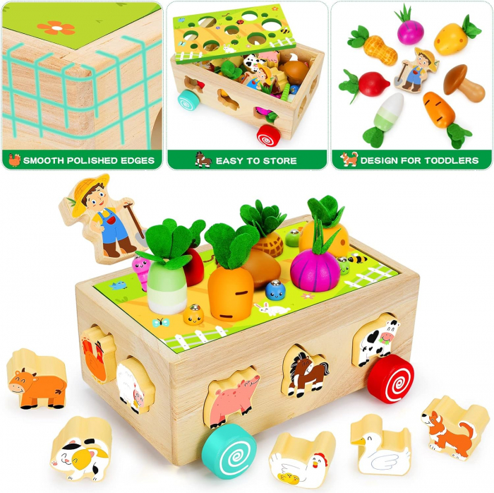 Joc Montessori din lemn de motricitate si indemanare Remorca cu activitati Farm harvest game [4]