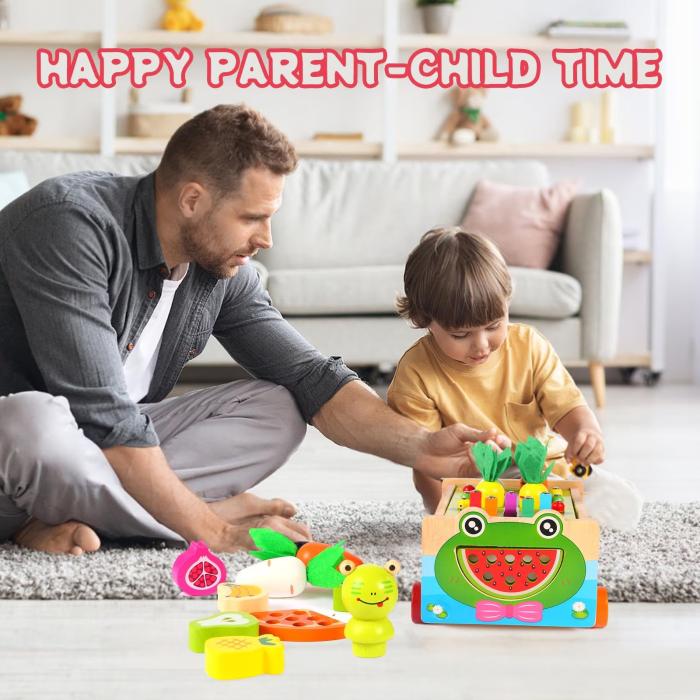 Joc Montessori din lemn de motricitate si indemanare Remorca cu activitati Frog Fishing Pull along Car [5]