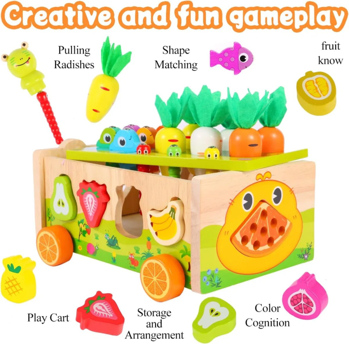 Joc Montessori din lemn de motricitate si indemanare Remorca cu activitati Frog Fishing Pull along Car [2]