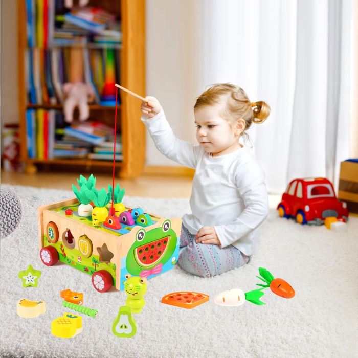 Joc Montessori din lemn de motricitate si indemanare Remorca cu activitati Frog Fishing Pull along Car [6]