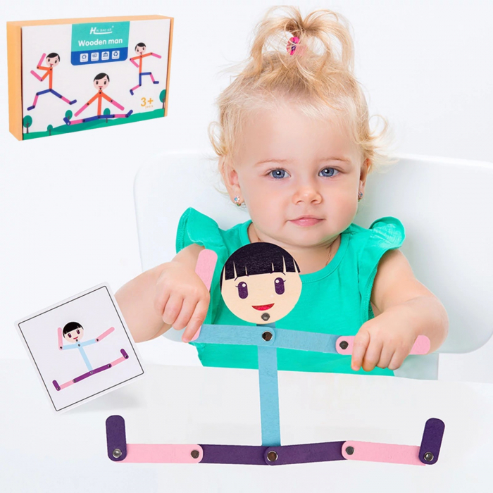 Joc Montessori din lemn pentru motricitate si asociere Omulet in miscare Wooden Man [5]
