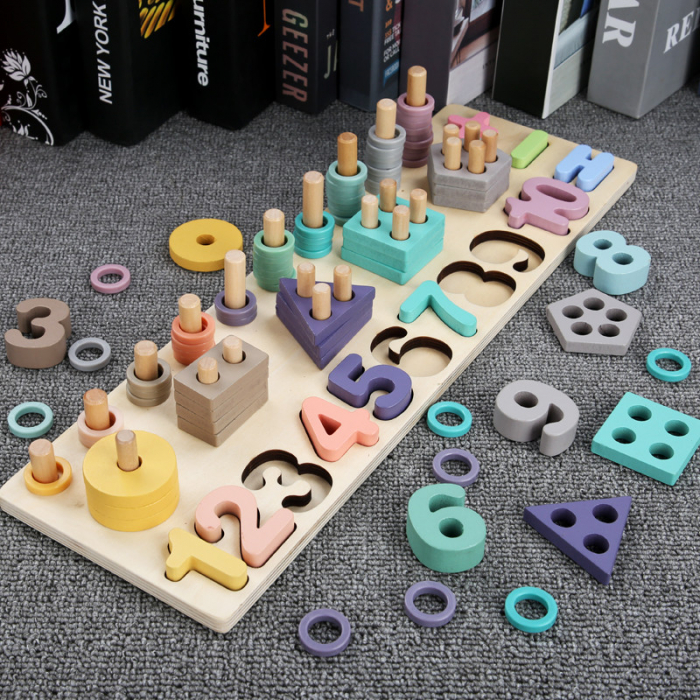 Joc multifunctional din lemn logarithmic 3 in 1 Puzzle numere, stivuit cerculete si forme geometrice [3]