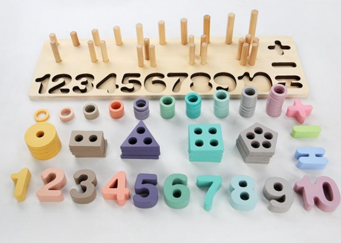 Joc multifunctional din lemn logarithmic 3 in 1 Puzzle numere, stivuit cerculete si forme geometrice [8]