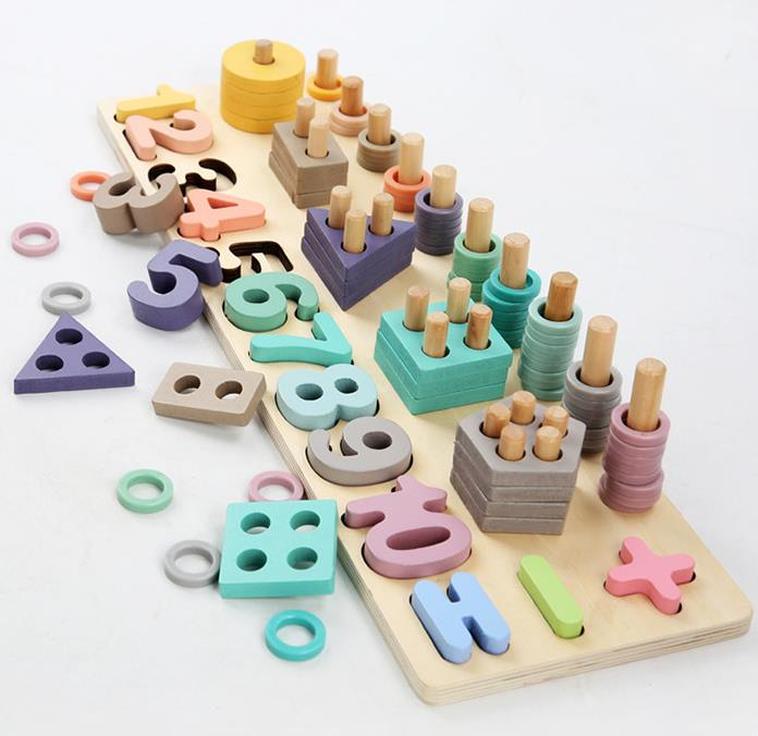 Joc multifunctional din lemn logarithmic 3 in 1 Puzzle numere, stivuit cerculete si forme geometrice [7]