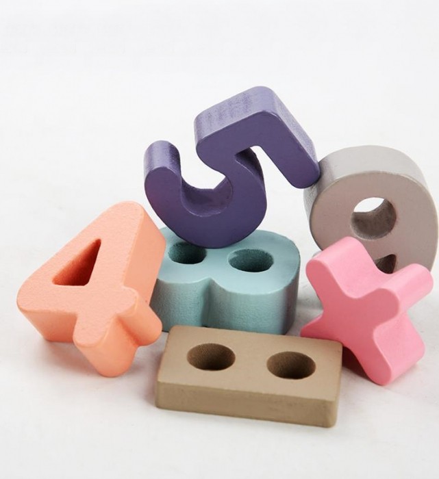 Joc multifunctional din lemn logarithmic 3 in 1 Puzzle numere, stivuit cerculete si forme geometrice [5]