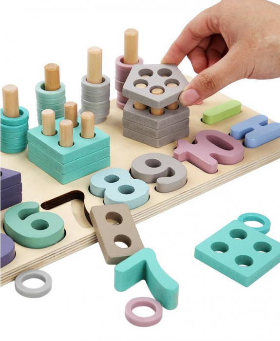 Joc multifunctional din lemn logarithmic 3 in 1 Puzzle numere, stivuit cerculete si forme geometrice [2]