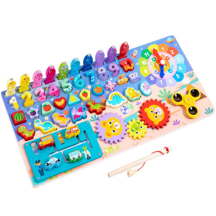 Joc multifunctional din lemn logarithmic Puzzle dinozauri si numere, pescuit magnetic, spinner, Invata ceasul [2]