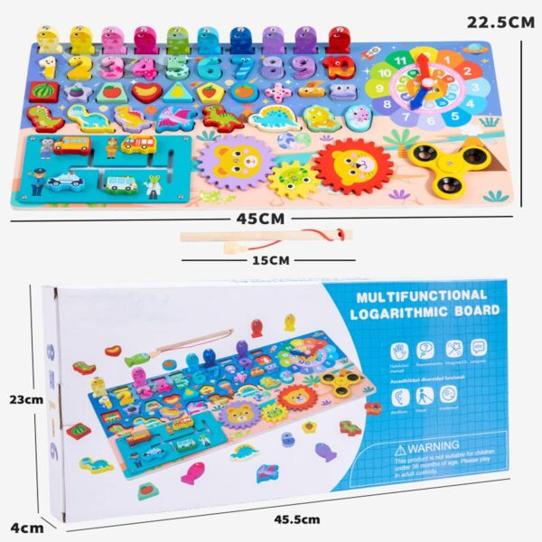Joc multifunctional din lemn logarithmic Puzzle dinozauri si numere, pescuit magnetic, spinner, Invata ceasul [5]