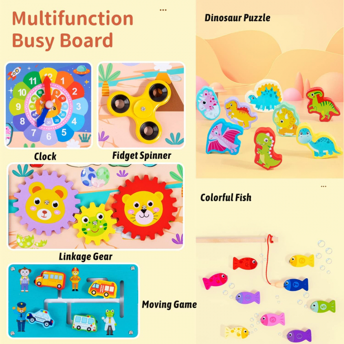 Joc multifunctional din lemn logarithmic Puzzle dinozauri si numere, pescuit magnetic, spinner, Invata ceasul [6]