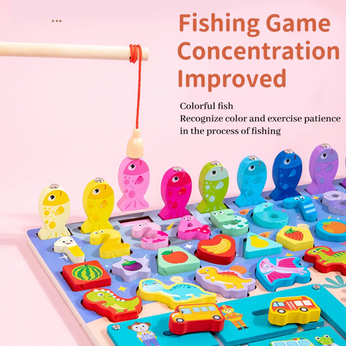Joc multifunctional din lemn logarithmic Puzzle dinozauri si numere, pescuit magnetic, spinner, Invata ceasul [3]