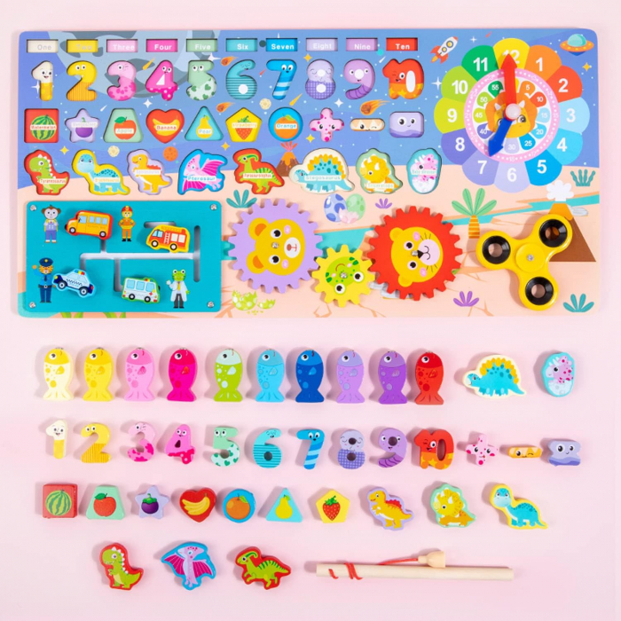 Joc multifunctional din lemn logarithmic Puzzle dinozauri si numere, pescuit magnetic, spinner, Invata ceasul [7]