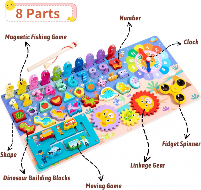 Joc multifunctional din lemn logarithmic Puzzle dinozauri si numere, pescuit magnetic, spinner, Invata ceasul [4]