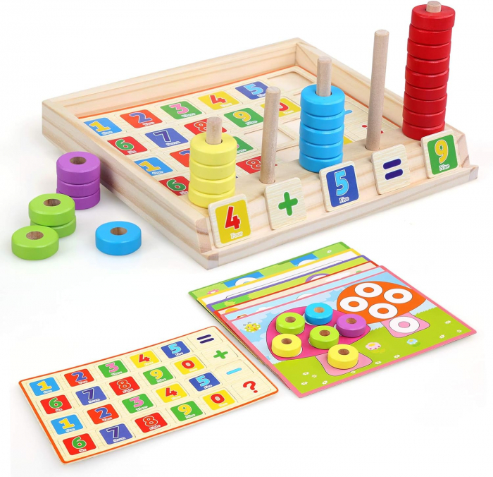 Joc multifunctional din lemn numarare, calcule matematice si mozaic cu inele Interesting puzzle and counting box [4]