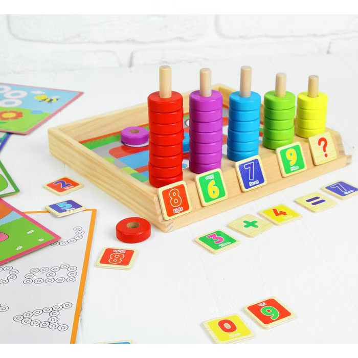 Joc multifunctional din lemn numarare, calcule matematice si mozaic cu inele Interesting puzzle and counting box [3]