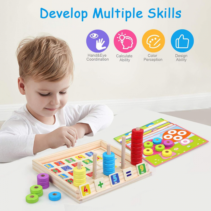 Joc multifunctional din lemn numarare, calcule matematice si mozaic cu inele Interesting puzzle and counting box [7]
