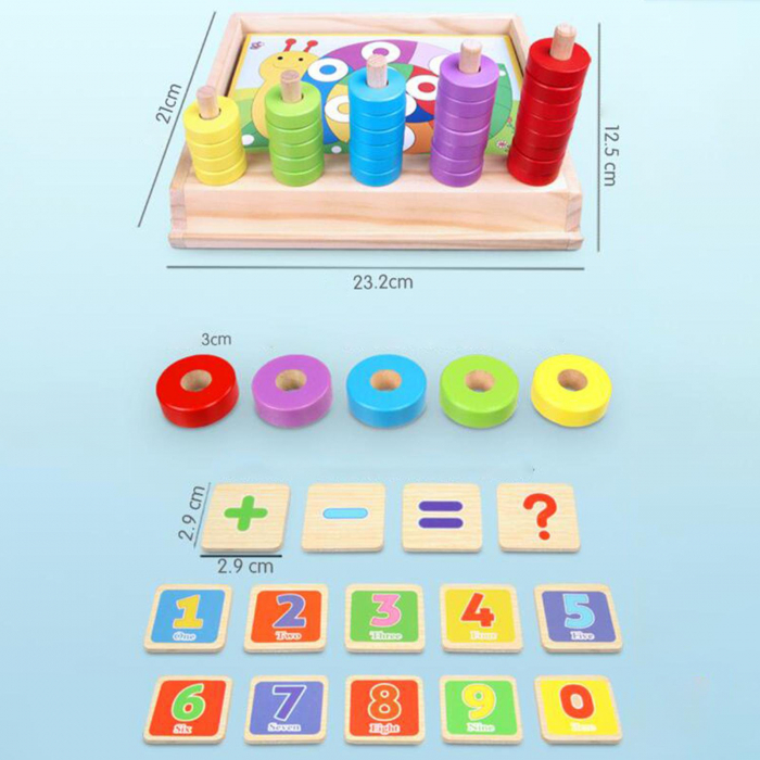 Joc multifunctional din lemn numarare, calcule matematice si mozaic cu inele Interesting puzzle and counting box [5]