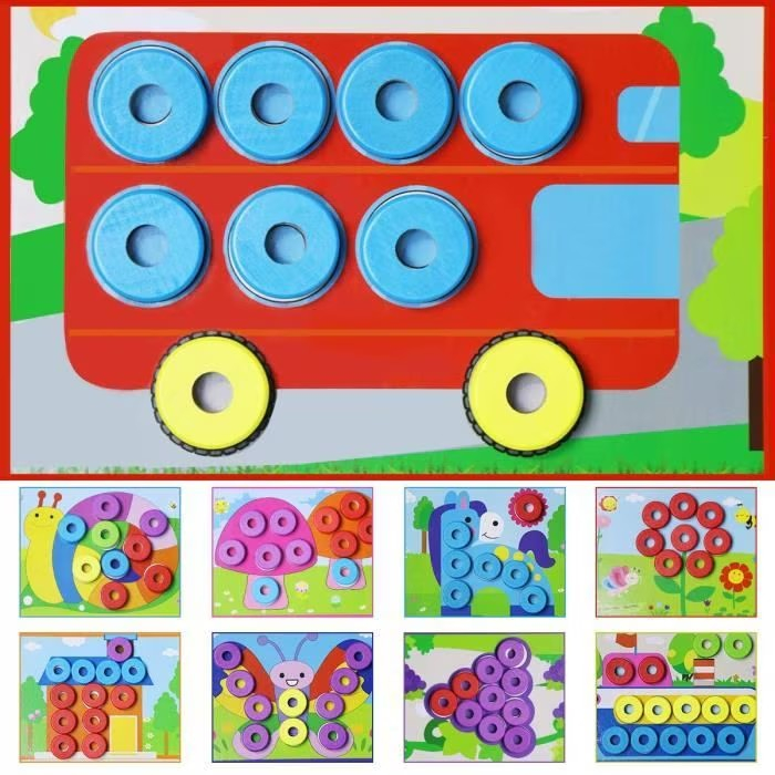 Joc multifunctional din lemn numarare, calcule matematice si mozaic cu inele Interesting puzzle and counting box [6]