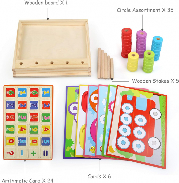 Joc multifunctional din lemn numarare, calcule matematice si mozaic cu inele Interesting puzzle and counting box [8]