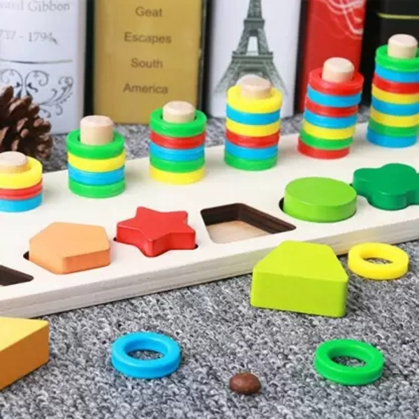 Joc multifunctional din  lemn puzzle forme geometrie si stivuit Shape Pairing [4]