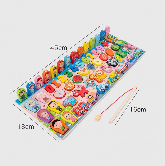 Joc multifunctional Montessori din lemn - pescuit magnetic, puzzle familia, meserii, cifre, fructe, animale, vehicule [6]